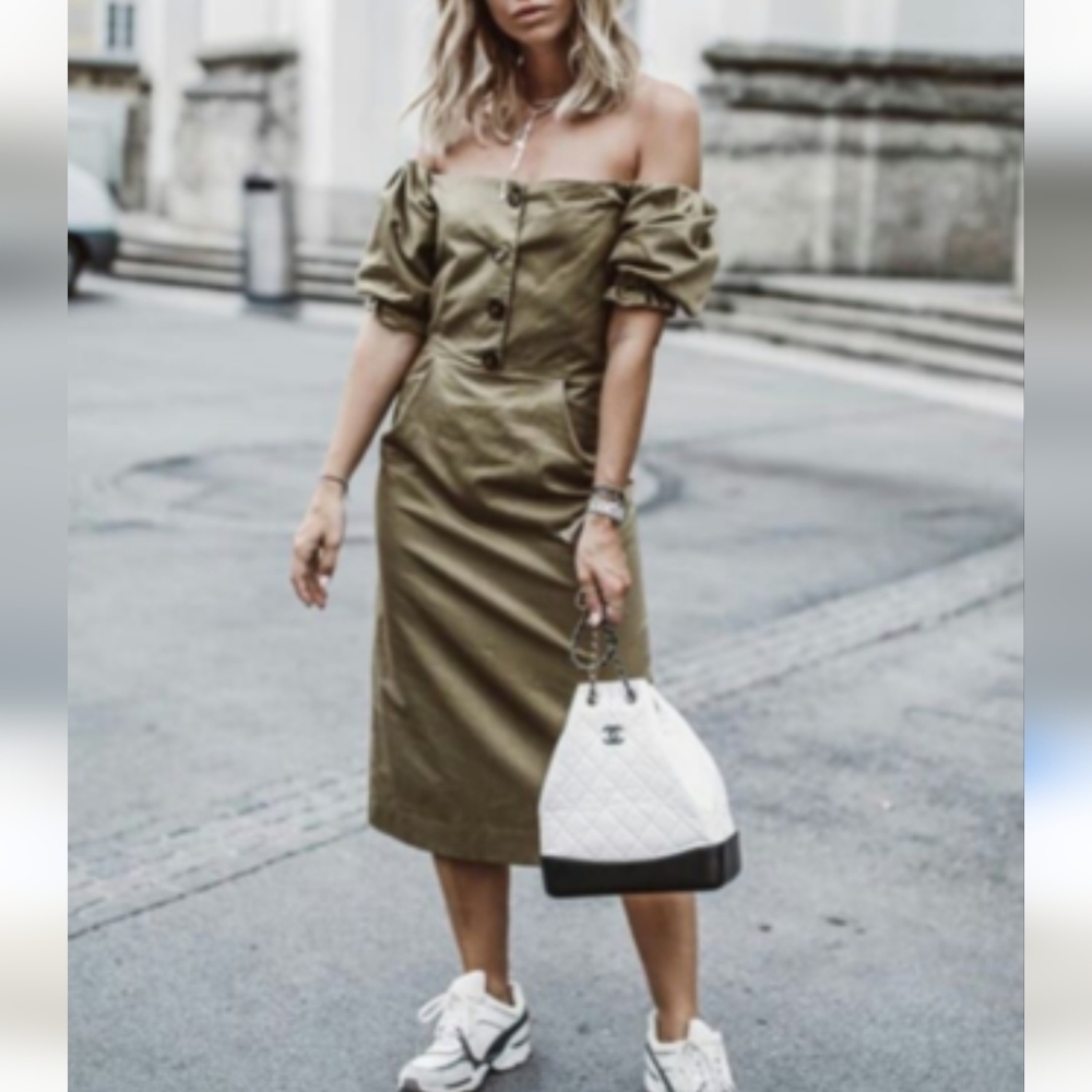 Zara Khaki Off-Shoulder Puff Sleeve Dress - Picture 4 of 8